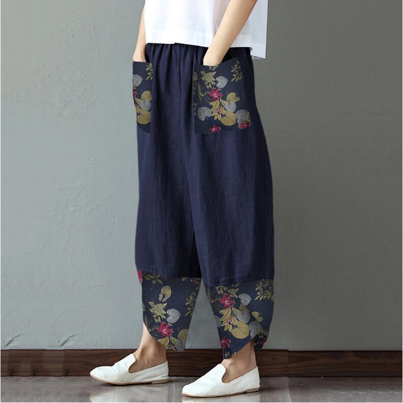 Women's Printed Patchwork Cotton Linen Wide-leg Loose Pants – Angelfernanda