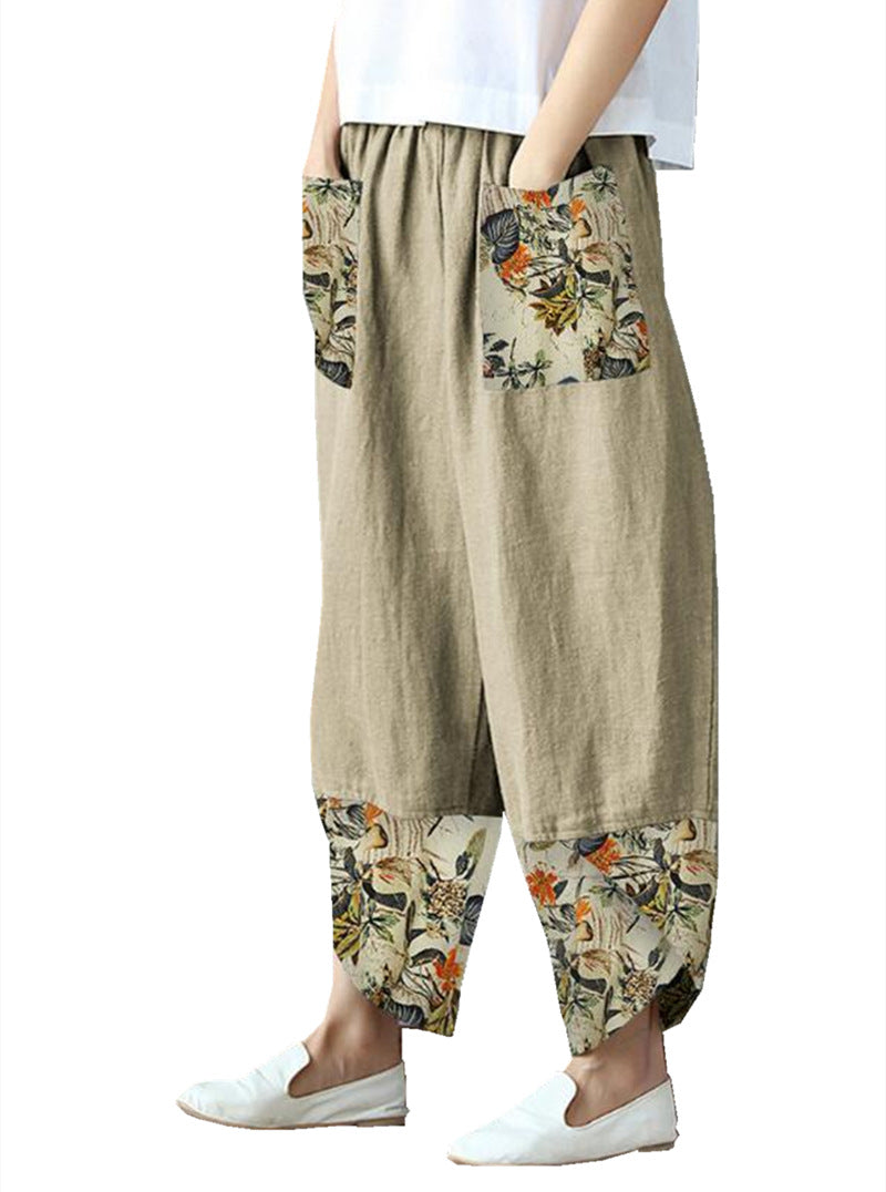 Women's Printed Patchwork Cotton Linen Wide-leg Loose Pants – Angelfernanda