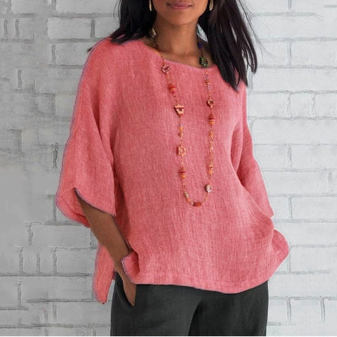 Women's Sleeve Round Neck Cotton And Linen Blouses