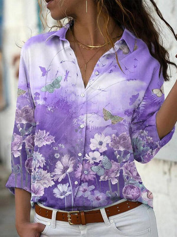 Women's Elegant Printed Long-sleeved Lapel Shirt Blouses