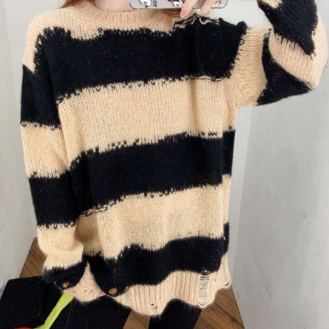 Women's Sleeve Striped Loose Lazy Pullover Round Sweaters