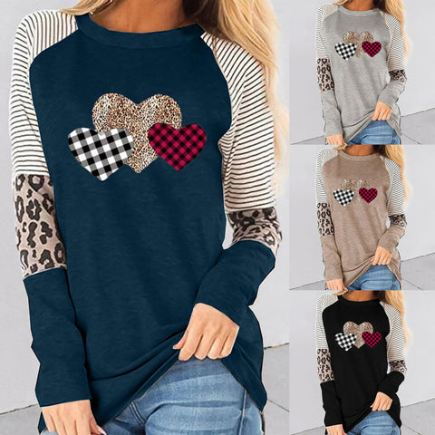 Women's Valentine's Day Long Sleeve Stitching Casual T-shirt Round Clothing