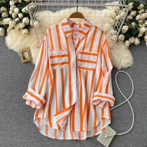 Women's Mid-length Vertical Stripes Shirt Casual Loose Tops