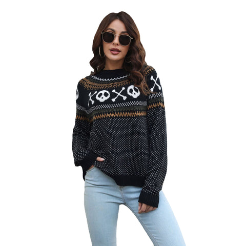 Women's Skull Jacquard Retro Dots Long-sleeved Knitted For Sweaters