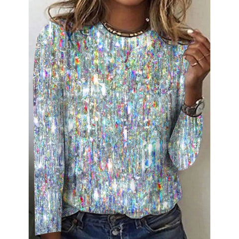 Women's And Glittering Printed Large Round Neck Blouses