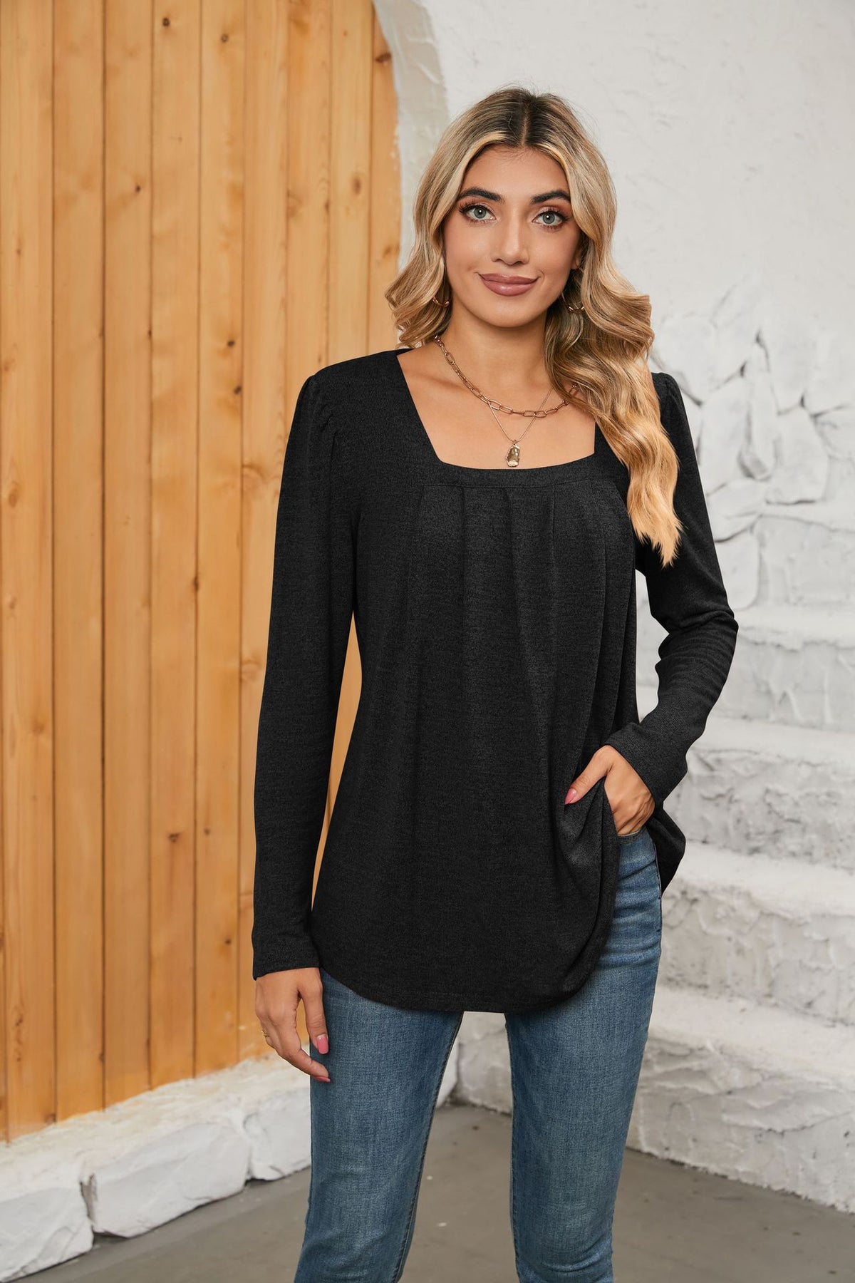 Pleated Square Collar Solid Color T-shirt Blouses