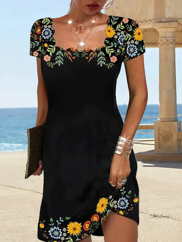 Women's Summer Fluted Collar Printed Short-sleeved Dress Dresses