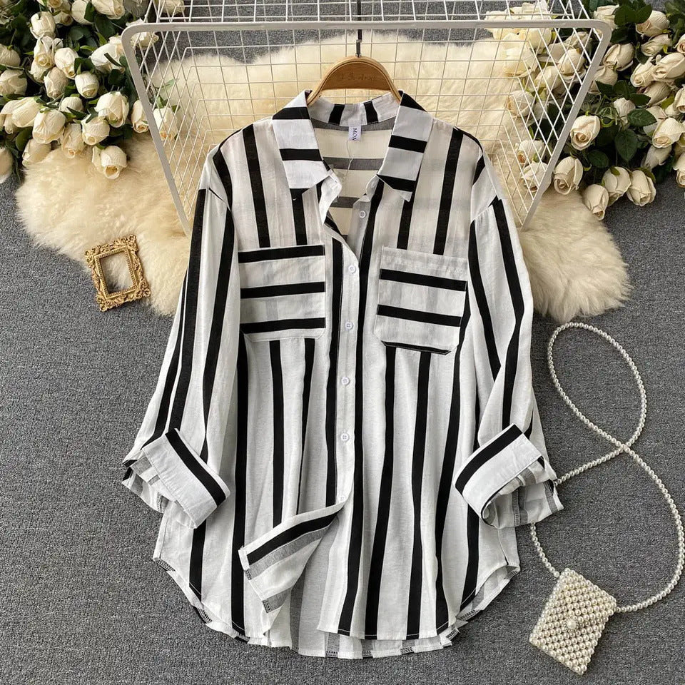 Women's Mid-length Vertical Stripes Shirt Casual Loose Tops
